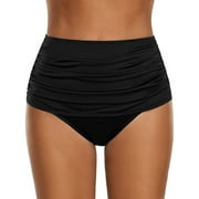 tankini bathing suits for women Women's High Waisted Swim Bottom Ruched Bikini Tankini Swimsuit Briefs Plus Size Black + L